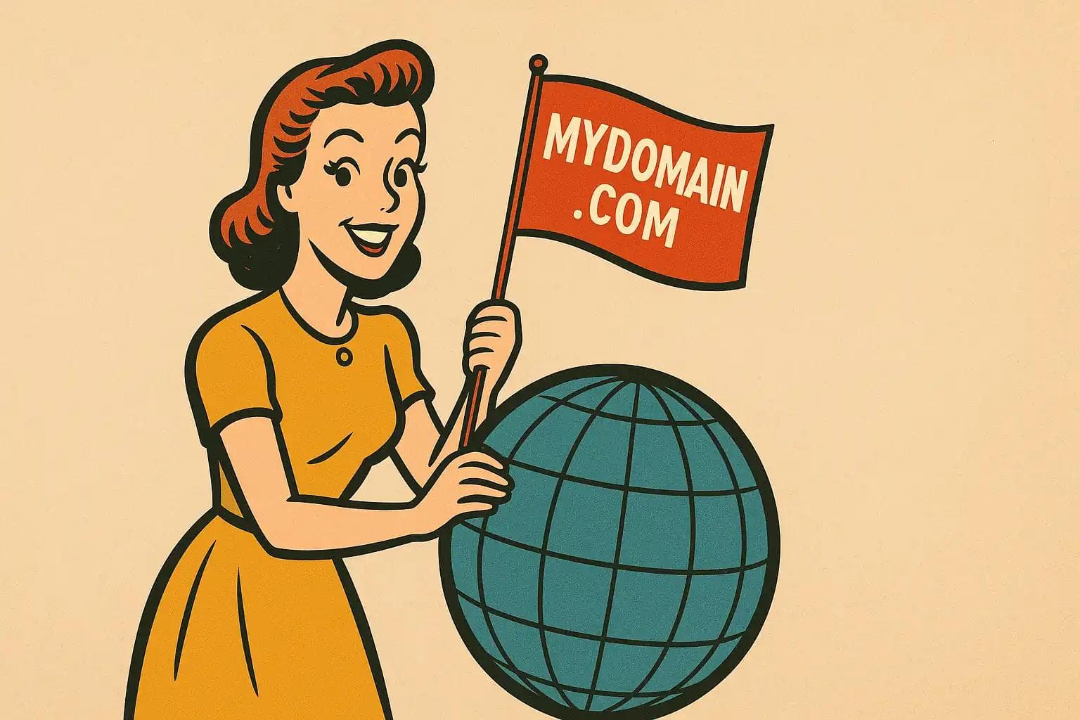 1950s-style cartoon of a smiling woman in a mustard-yellow dress planting a red flag labeled ‘MYDOMAIN.COM’ onto a teal globe, claiming a space on the internet.