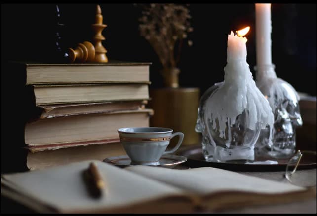 a cup of tea on a table between an open book, a stack of books behind it, and a candle