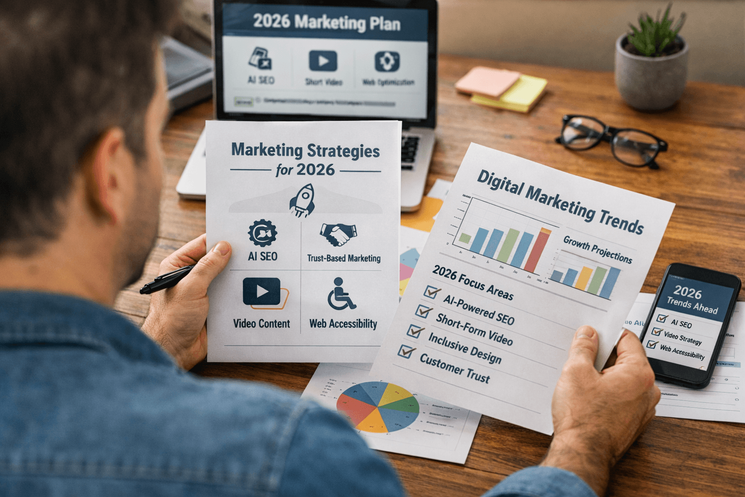 Over-the-shoulder view of a small business owner reviewing printed marketing materials and a laptop screen outlining digital marketing trends and strategy for 2026.