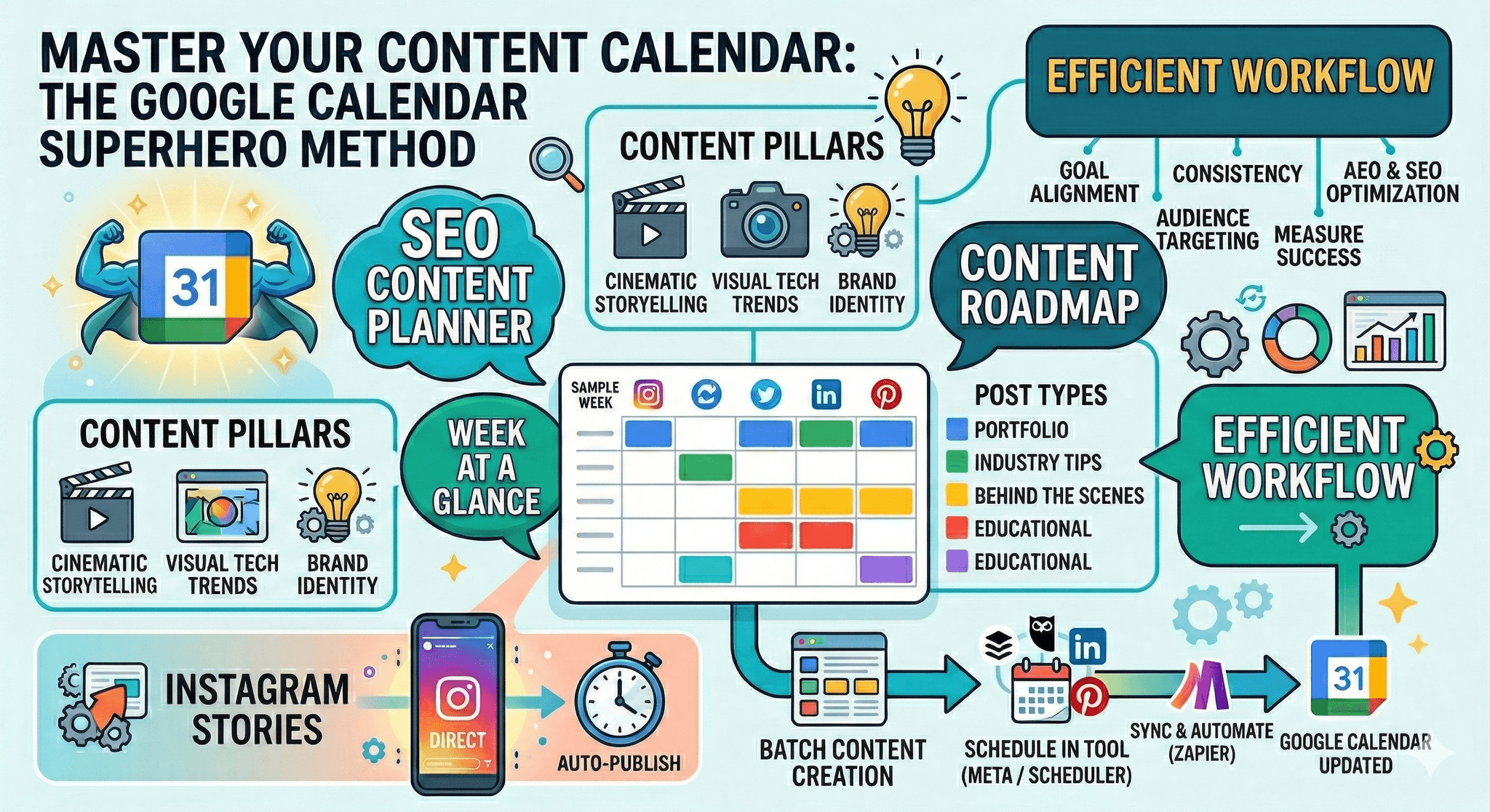 An infographic titled "Master Your Content Calendar: The Google Calendar Superhero Method" showing a step-by-step workflow for social media scheduling, SEO content planning, and batch creation using Google Calendar and automation tools like Zapier.
