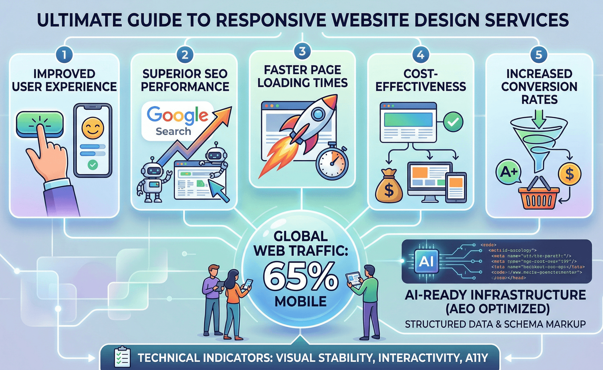This image provides a visual overview of the responsive website design services guide. It highlights five key benefits—user experience, SEO performance, page load times, cost-effectiveness, and conversion rates—while also including the crucial "AI-Ready Infrastructure" element. The central statistic on mobile web traffic anchors the necessity of these services for modern businesses.