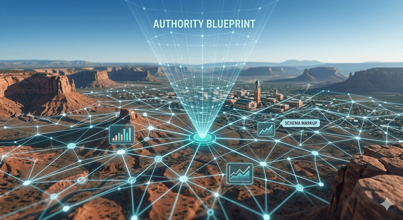 A wide-angle, realistic aerial map view of a vast digital landscape. Interconnected data lines cover the map like highways. There is a single, prominent, glowing digital "node" in the center—visualizing your geographic location. From this node, a beam of light projects into the sky, creating a semi-transparent, structured digital "web" (visualizing AEO and Local Entity Linking) that covers the surrounding region. The background is a clean, realistic, high-altitude perspective of Southern Utah, with Cedar City subtly visible in the distance. The lighting is crisp and detailed, with glowing teal data streams.