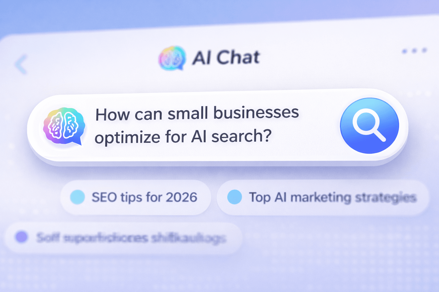 Close-up of an AI chat interface search bar displaying the query "How can small businesses optimize for AI search?" A colorful gradient AI brain icon is on the left, and a glowing blue magnifying glass is on the right. The background shows blurred AI search suggestions and a sleek, tech-inspired design.