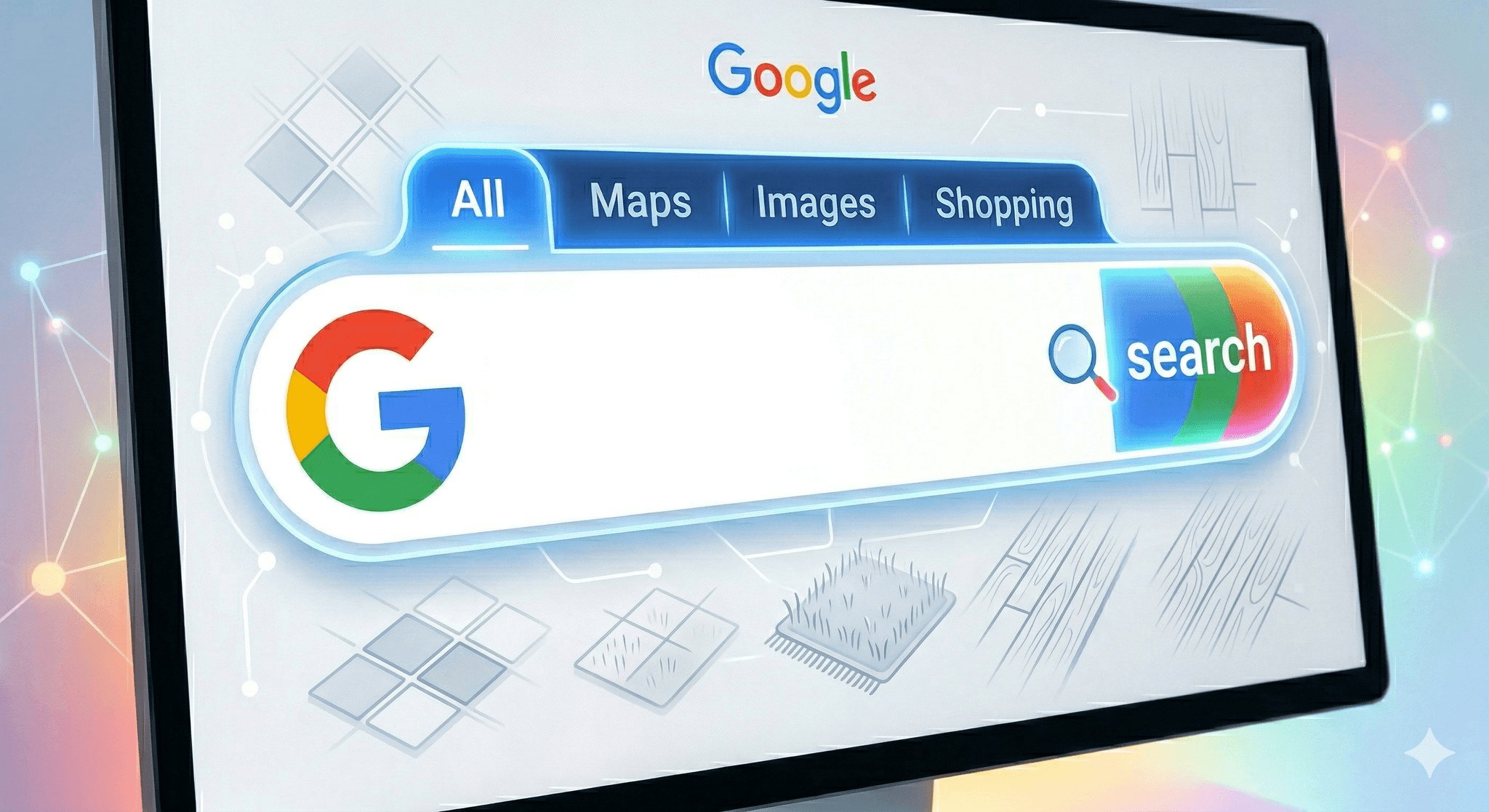 A close-up, high-tech 3D render of a Google search interface on a computer screen. The image features a clean, empty white search bar with the iconic 'G' logo on the left and a colorful 'Search' button with a magnifying glass icon on the right. Above the search bar, navigation tabs for 'All,' 'Maps,' 'Images,' and 'Shopping' are visible. The background is a soft-focus digital environment with faint outlines of flooring patterns—hardwood, tile, and carpet—and glowing network nodes, representing the connection between search technology and local business growth.