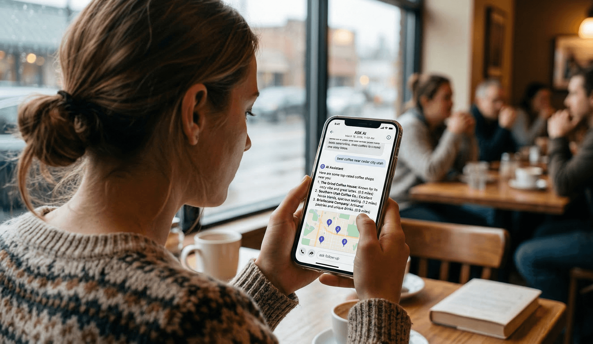 A close-up, over-the-shoulder perspective of a person in a bustling cafe using a smartphone to view AI search results. The phone screen clearly shows an AI chat interface providing structured information, including a numbered list and map locations, about local coffee shops in Cedar City, Utah, in response to the user's conversational query. This image highlights the practical integration and personalized results of modern AI search technology in daily life.