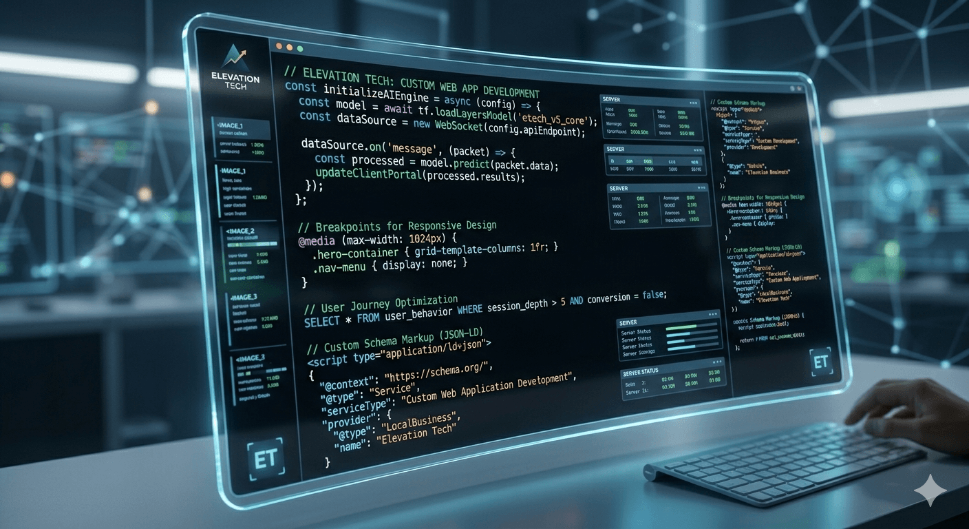 A futuristic, transparent glass computer monitor displaying custom web application development code in a dark mode editor. The code includes snippets for 'ELEVATION TECH' AI engine initialization, responsive design media queries, and JSON-LD schema markup. A developer's hands are visible on a sleek keyboard in a high-tech office environment, symbolizing specialized custom web development services and elite software engineering.