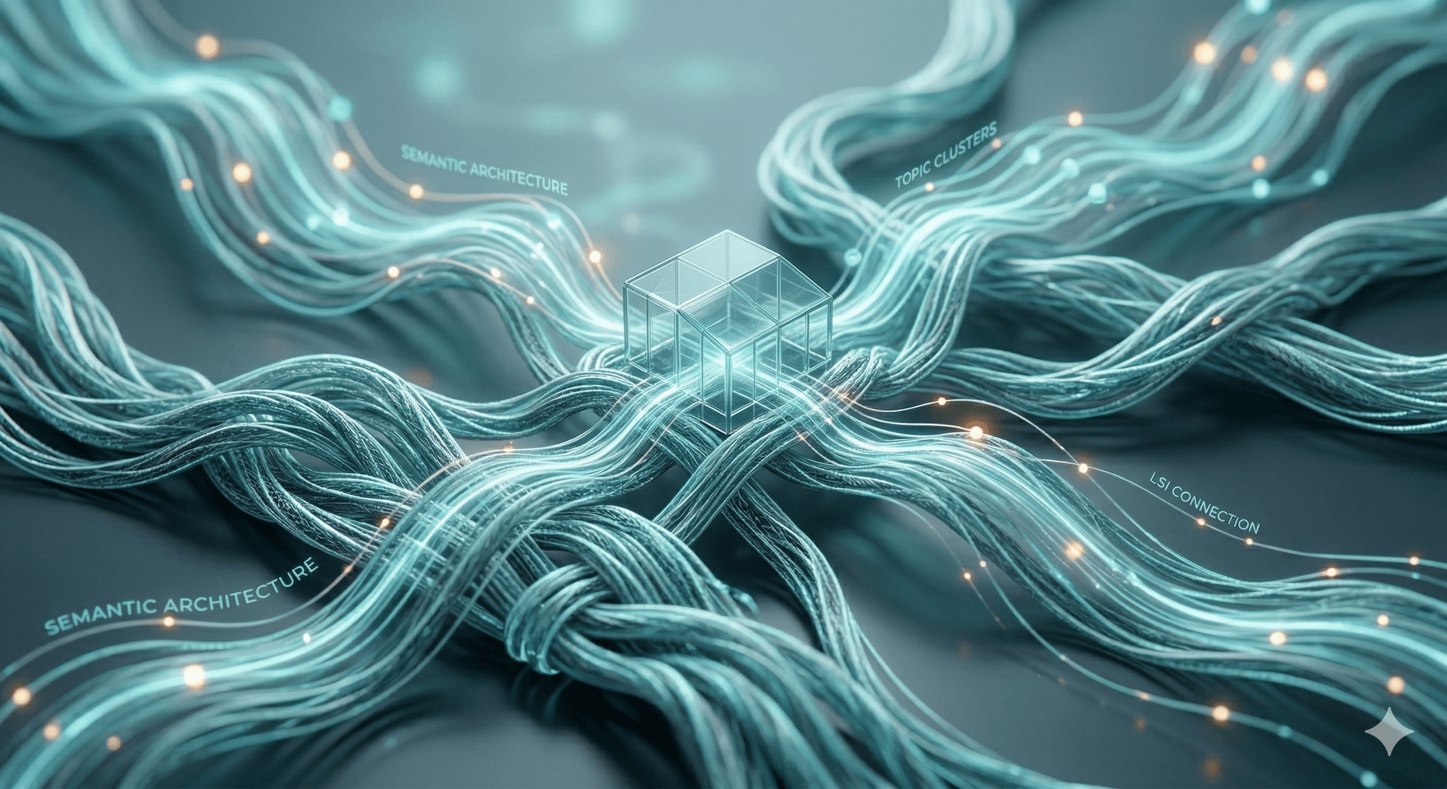 A realistic, extremely high-resolution macro shot of glowing, woven digital threads. Instead of showing text, we see textures and connections. These complex, intertwined threads (representing keyword clusters and topic nodes) form a complex, organic digital tapestry that expands across the entire composition. Soft, undulating light currents are flowing along these threads, visualizing latent semantic indexing (LSI) and natural language processing. The background is a clean, simplified data stream, much smoother and sophisticated than before, with a subtle glow matching the atmosphere of image_9.png. This visual has depth, warmth, and signals an intricate, sophisticated strategy.