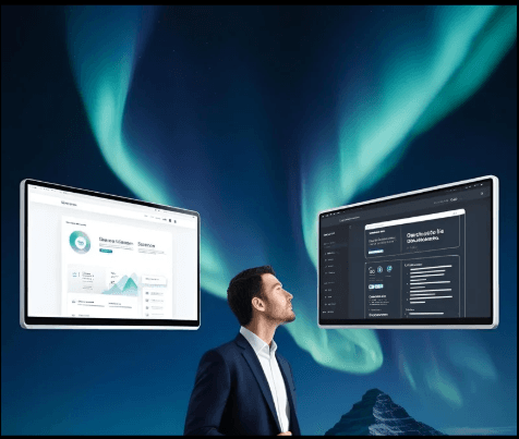 Man in suit standing in between two screens looking at the screen on the right side and visually seeing how his website business is increasing in leads, sales and other metrics after partnering with Elevation Tech.