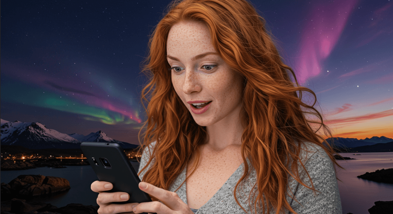 Woman looking at her online business increase in SEO optimization and staying one step ahead of her competitors after partnering with Elevation Tech for web design, marketing and SEO with aurora lights in the background.