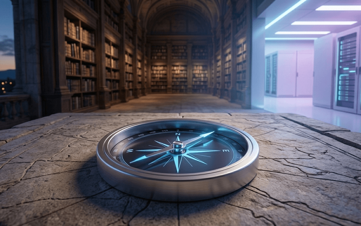 A cinematic, wide-angle shot set at dusk. A lone, modern digital compass (the needle made of a fine, glowing blue light) is positioned on top of a weathered, yet polished, stone map. The background is a vast, ancient library hall (representing traditional search) that transitions subtly into a glowing, futuristic data center (representing AI-first search/AEO). A powerful, defined beam of light is emanating from the compass, focusing on the future-oriented data center side. This image has depth, rich textures, and dramatic lighting, signaling the user's strategic "change of direction." The feeling is one of profound choice and movement.