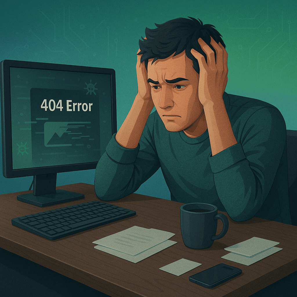 Business owner at desk with hands on head frustrated at broken website with 404 error code.