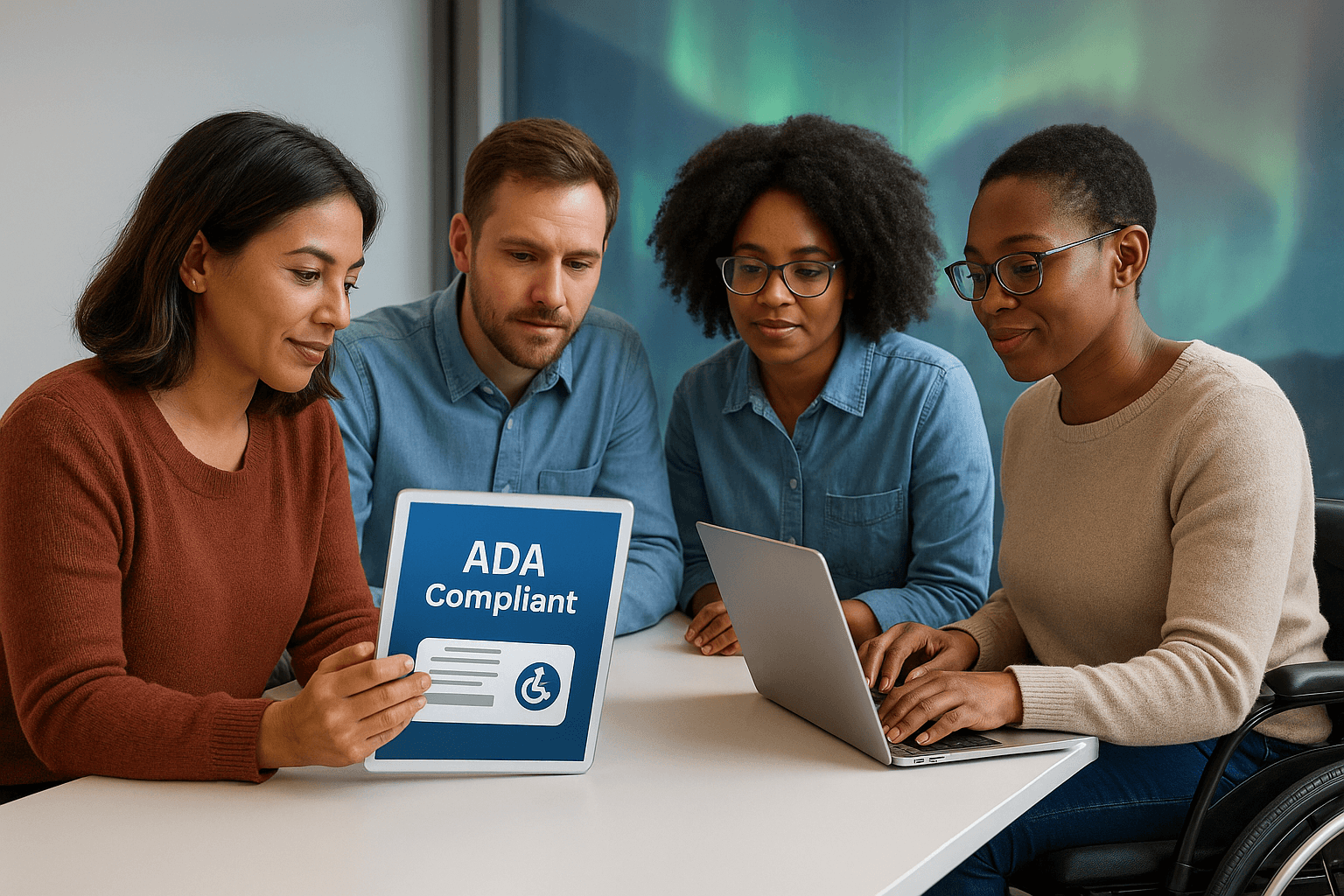 Diverse group of people sitting at a table reviewing ADA compliance for websites.