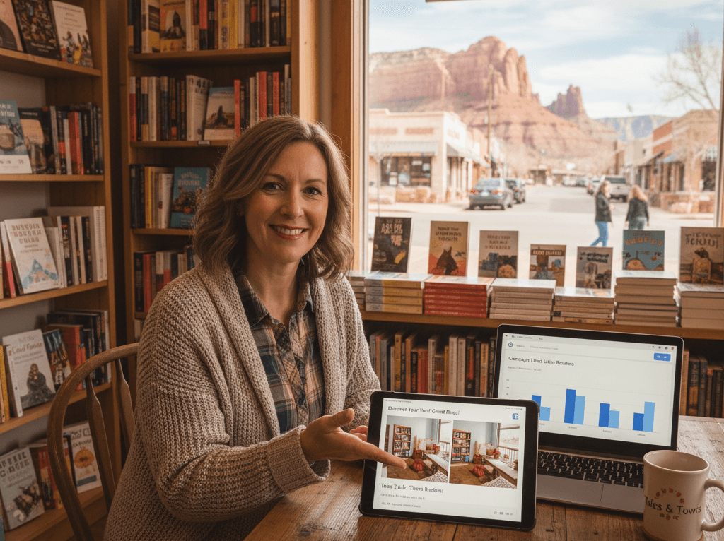 Friendly female owner of a small-town Utah bookstore smiling confidently while working on her laptop in the shop. She is viewing a digital advertising dashboard (PPC or paid ads data) on her screen, surrounded by bookshelves.