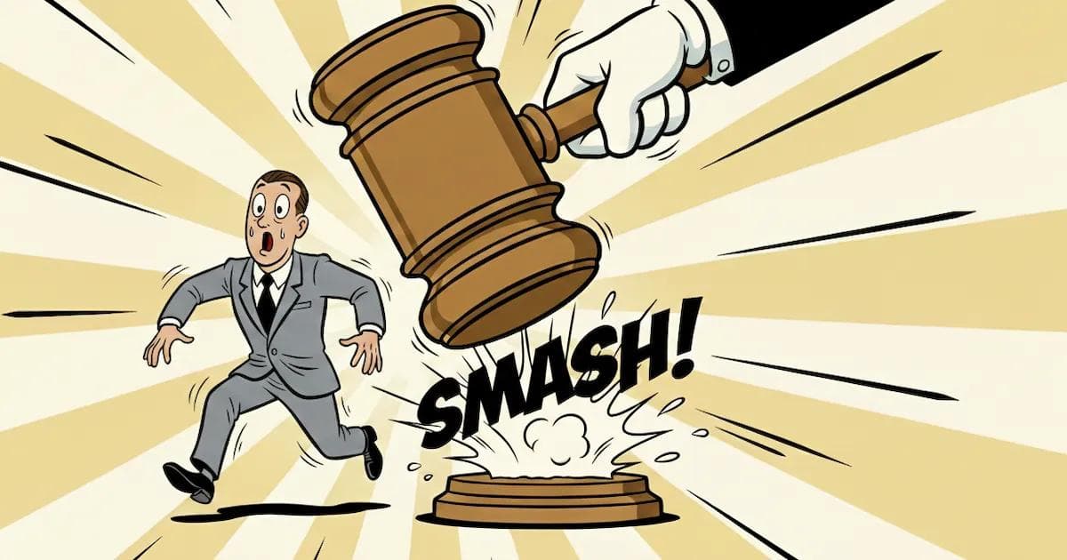 Judge slamming gavel down and pointing out of the courtroom while looking at a sweating guy in a suit