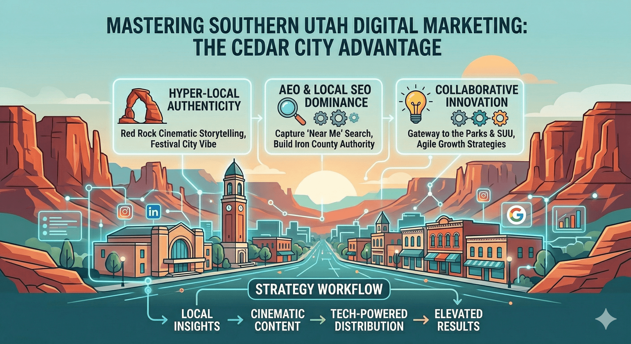 An infographic titled "Mastering Southern Utah Digital Marketing: The Cedar City Advantage" by Elevation Tech. It features a red rock desert landscape and explains a digital marketing strategy workflow including hyper-local authenticity, AEO dominance in Iron County, and collaborative innovation near SUU and the Gateway to the Parks.