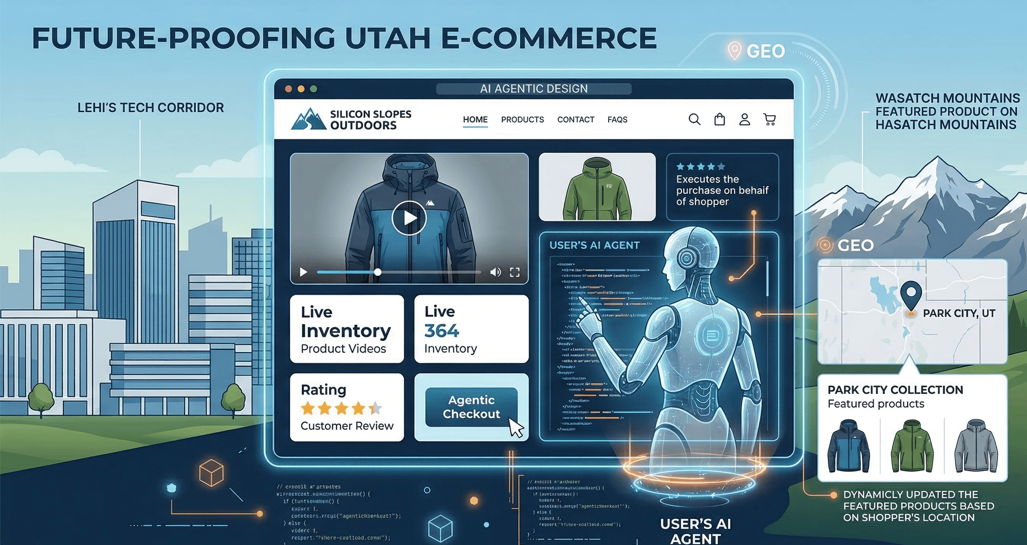 An informative infographic titled ‘Future-Proofing Utah E-Commerce’ presenting an advanced digital dashboard for an outdoor gear brand called ‘Silicon Slopes Outdoors’. The visual blends Lehi's high-rise tech corridor cityscape on the left with the rugged Wasatch Mountains and a map of Park City on the right to illustrate location-based features (GEO). A large central modular screen features a video player for technical jackets, live inventory stats, and a green jacket with text indicating it ‘Executes the purchase on behalf of shopper’. A prominent blue ‘Agentic Checkout’ button is featured. A futuristic, translucent robotic hand, labeled ‘User’s AI Agent’, interacts with complex schematics and code on the screen, visualizing AI-driven design, agentic purchases, and dynamically updated featured products based on location.