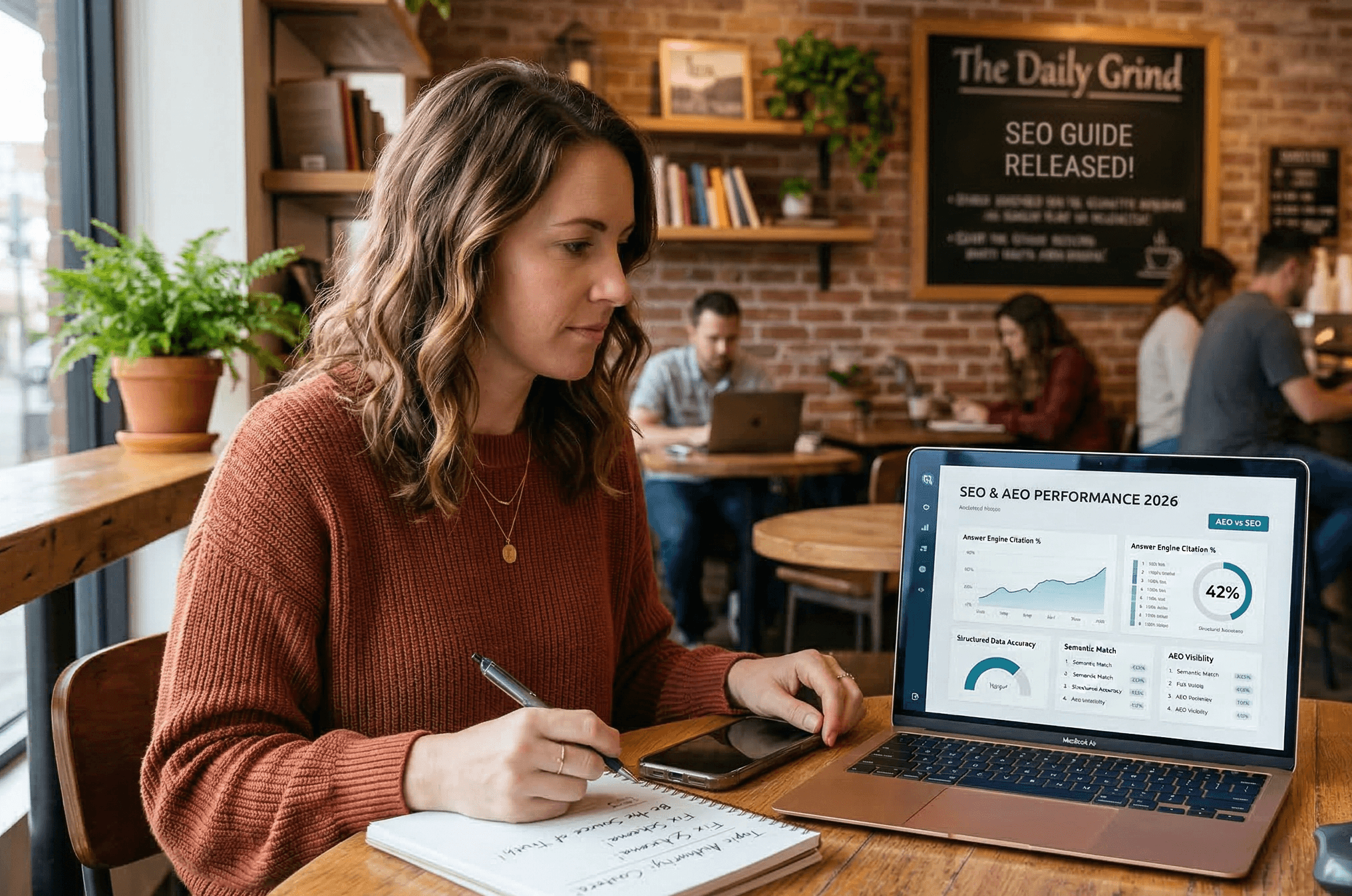 woman in coffee shop looking at laptop with SEO and AEO analytics for small business marketing in 2026