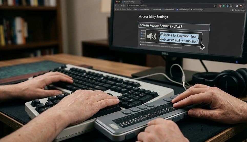 Two people at desk using a web accessibility screen reader to go through website accessibility settings created by elevation tech.