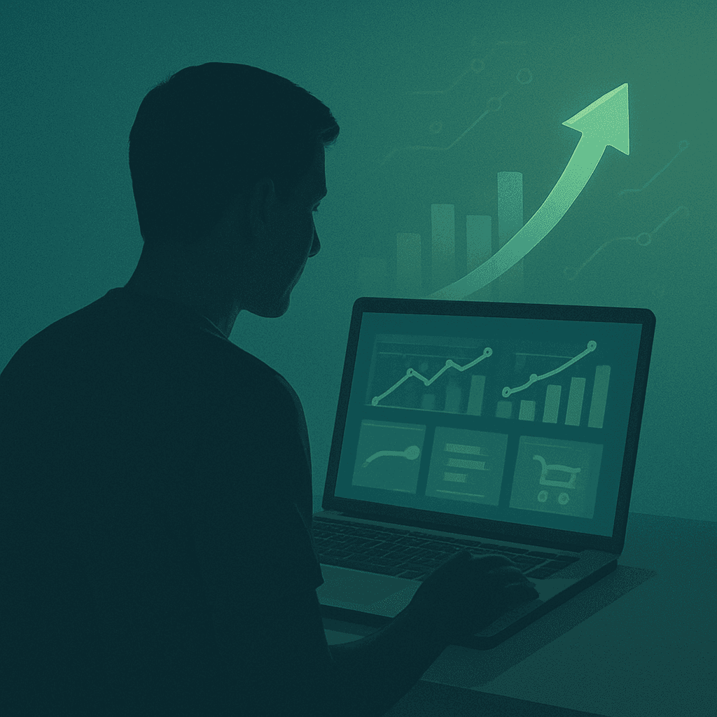 Man looking at computer seeing business stats increasing after partnering with Elevation Tech for digital marketing