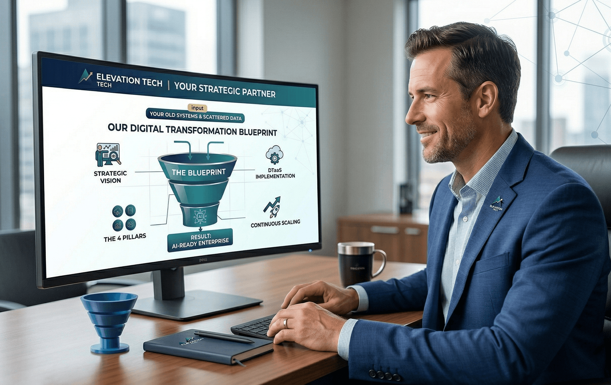 A professional male business owner in a blue suit sitting at a modern office desk, smiling as he views his company's website on a large curved monitor. The screen displays an Elevation Tech branded infographic titled 'OUR DIGITAL TRANSFORMATION BLUEPRINT.' The graphic shows a funnel-shaped process taking 'OLD SYSTEMS & SCATTERED DATA' and refining them into an 'AI-READY ENTERPRISE.' The office background is bright and upscale with a city view, symbolizing success and growth through strategic digital evolution.