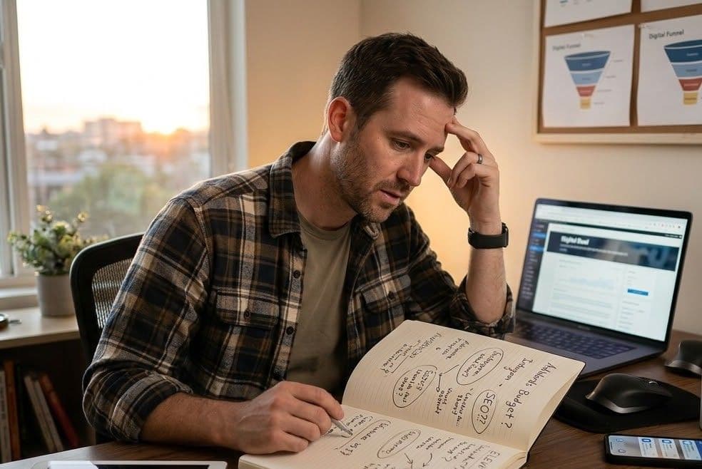 male small business owner sitting at a desk with laptop reviewing a paper notebook full of notes about digital marketing options seemingly overwhelmed.