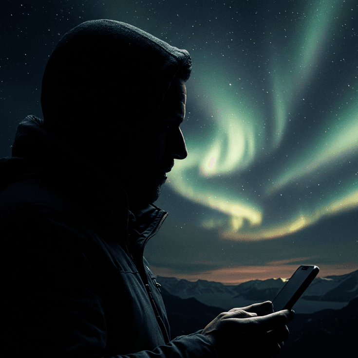 Shadow of a man looking at his phone for web design guidance from Elevation Tech under the aurora lights.